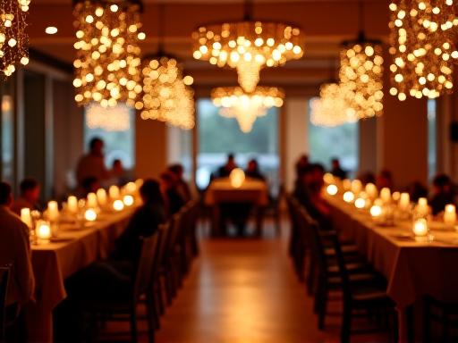 ケータリングイベント中に美しくライトアップされたダイニング空間